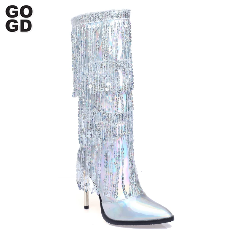 GOGD Brand Fashion Women Knee Boots Pointed Toe Fringe Sequined High Heels Metallic Glitter Sexy Tassel Zipper Stiletto Boots
GOGD Brand Fashion Women Knee Boots Pointed Toe Fringe Sequined High Heels Metallic Glitter Sexy Tassel Zipper Stiletto Boots