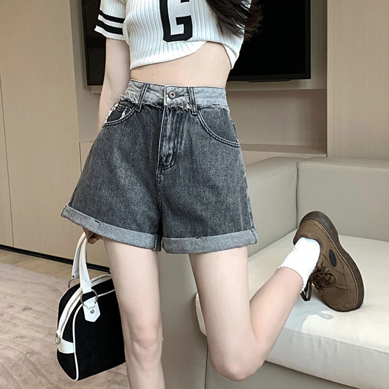 

Rolled retro denim shorts female summer 2024 new niche Korean high waist loose thin wide leg big yards flap hot pants