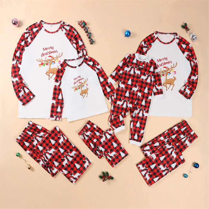 

2023 Christmas Pajamas Deer Family Matching Outfits Father Mother Kids Baby Sleepwear Plaid Daddy Mommy and Me Xmas Pj's Clothes