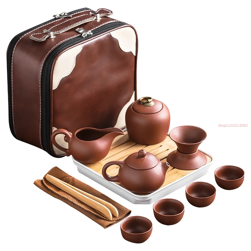 

Outdoor Travel Tea Set Purple Clay Portable Teapot Set Gaiwan Tea Cups of Tea Ceremony Teacup Fine Gift Organizer Cup Set