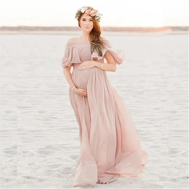 

New Pink Ruffles Maternity Dresses For Photo Shoot Bohemian Chiffon Pregnant Women Photography Props Maxi Dress Premama Clothes