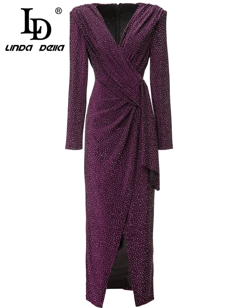 

LD LINDA DELLA 2024 Autumn and winter Vintage Dress Women's long sleeve luxury Nail Bead High waist patchwork Slit Long Dress