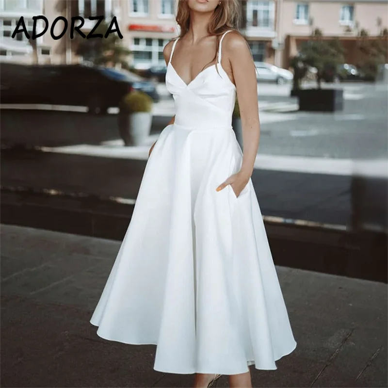 

ADORZA A-line Wedding Dress with Pockets Spaghetti Straps Ruched V-neck Bridal Gown Satin Tea-length Vestido De Noiva for Bride