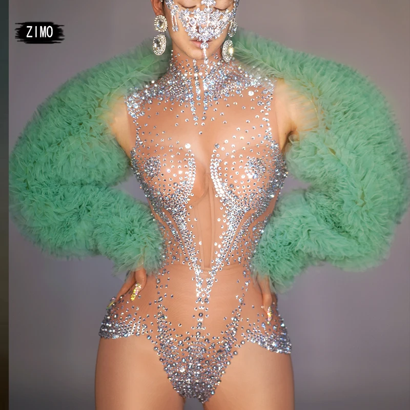 

sparkle sexy rhinestones bodysuit and coat women mesh See through party nightclub birthday leotard pole dance drag queen costume