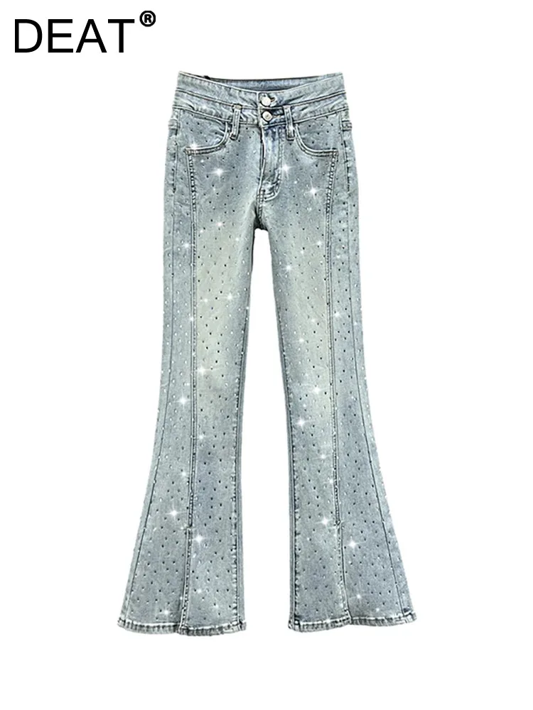 

DEAT Women's Jeans High Waist Full Diamonds Split Slim Embroidered Flares Denim Flare Pants 2024 Summer New Fashion 29L2852