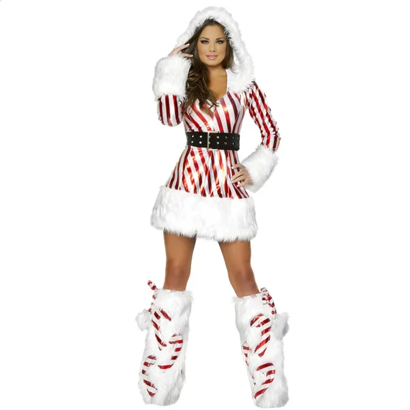 Adult Women Christmas Costumes Xmas Party Cosplay Santa Claus Red White Stripes Hooded Dress With Foot Cover And Belt
Adult Women Christmas Costumes Xmas Party Cosplay Santa Claus Red White Stripes Hooded Dress With Foot Cover And Belt