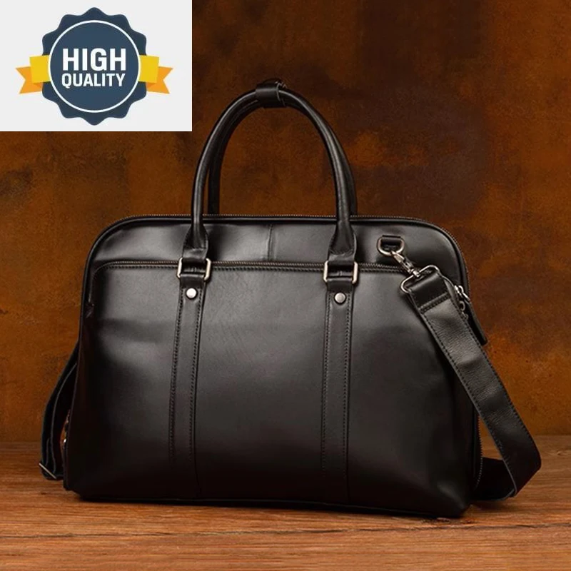 

Office Leathfocus Vintage Black Handbag Top Layer Genuine Leather 15.6 Inch Laptop Bag Business Executive Briefcase for Men