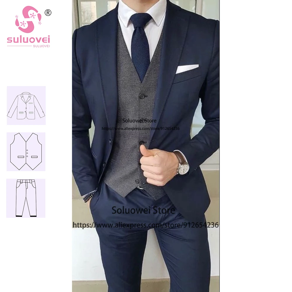 

Classic Navy Blue Suits For Men Slim Fit 3 Piece Pants Set Formal Groom Wedding Prom Notch Lapel Tuxedo Terno Masculino Completo