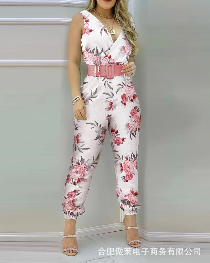 

Woman Jumpsuits Elegant 2024 V-Neck Sleeveless Tropical Print Sleeveless Pocket Design Backless Playsuit with Belt Streetwear
