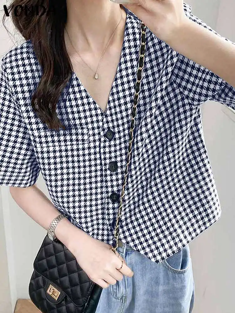 Элегантные женские рубашки с принтом 2024 VONDA, Летняя туника с коротким рукавом и V-образным вырезом, топы, Повседневная Свободная офисная блузка на пуговицах, модные блузки
Элегантные женские рубашки с принтом 2024 VONDA, Летняя туника с коротким рукавом и V-образным вырезом, топы, Повседневная Свободная офисная блузка на пуговицах, модные блузки