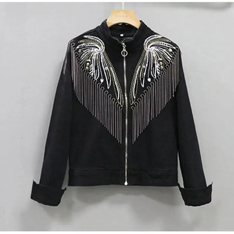 Trend Black Denim Jacket Women's Denim Coat 2024 Spring And Autumn New European Loose Tassel Sequins Long Sleeves Jackets Female
Trend Black Denim Jacket Women's Denim Coat 2024 Spring And Autumn New European Loose Tassel Sequins Long Sleeves Jackets Female
