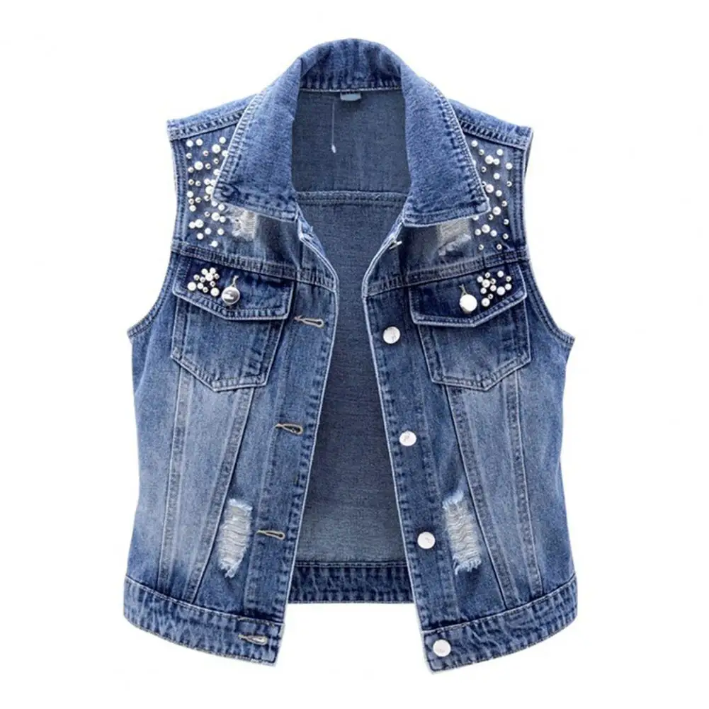 

Women Waistcoat Vintage Beaded Denim Vest for Women Hop Streetwear Waistcoat with Lapel Detail Solid Color Stitching Fall Spring