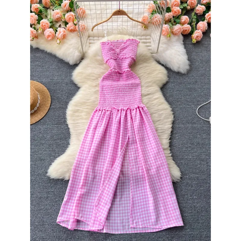 

Summer Beach Strapless Dress for Women Fashion Holiday Design Sleeveless Masterly Pleated Slim-Fit Slimming Plaid Party Dress