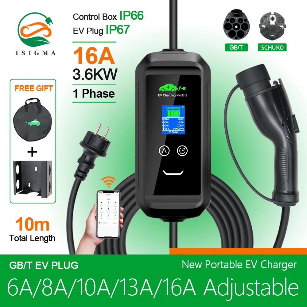 

Isigma Portable EV Charger 16A 3.6KW Type 2 TUYA APP Phone Control Charging For Eletric Vehicle Hybrid Cars Total Length 10M