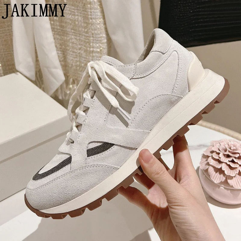 

New Suede Patchwork Platform Sneakers Women Thick Sole Lace Up Ventilate Mesh Flat Shoes Autumn Casual Party Vacation Walk Shoes