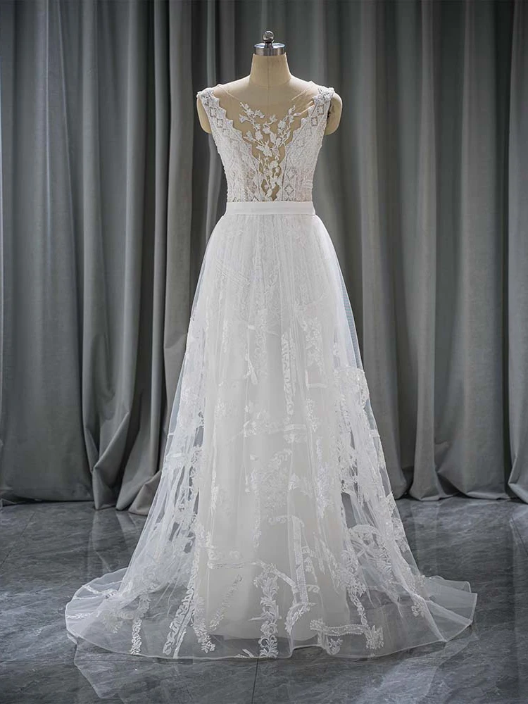 

Flash Sale Wedding Dress 2024 Elegant Wedding A-line Button Sleeveless O-Neck Illusion Lace Vestido De Noiva QW01557