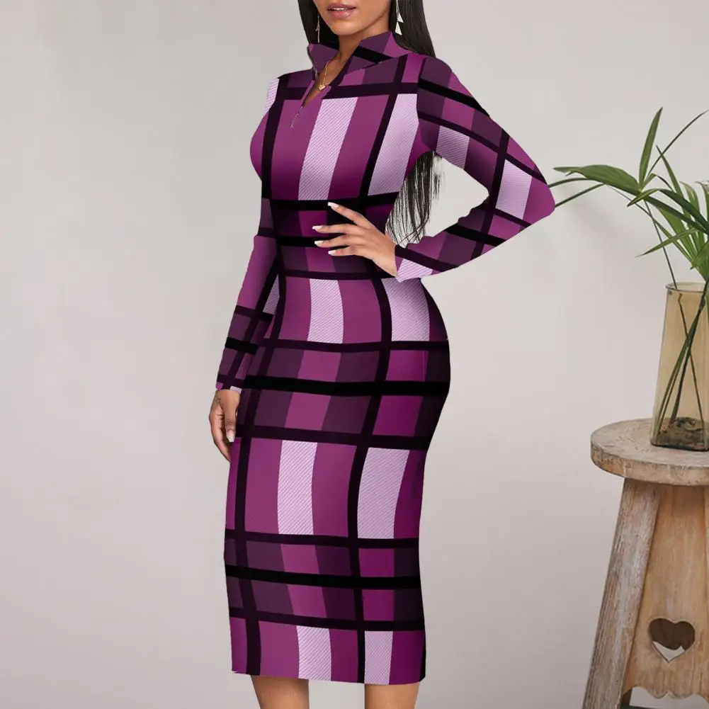 

Women Dress Stand Collar Neck Tight High Waist Sheath Color Matching Palid Print Mid-calf Length Slim Fit Soft Lady Mini Dress