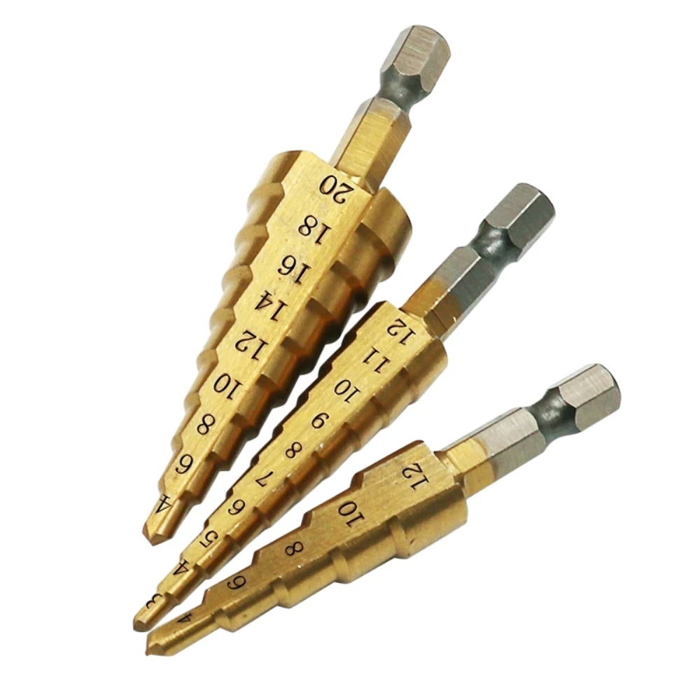 

3PCS 3-12mm 4-12mm 4-20mm HSS Straight Groove Step Drill Bit Set Titanium Coated Wood Metal Hole Cutter Core Cone Drilling Tools