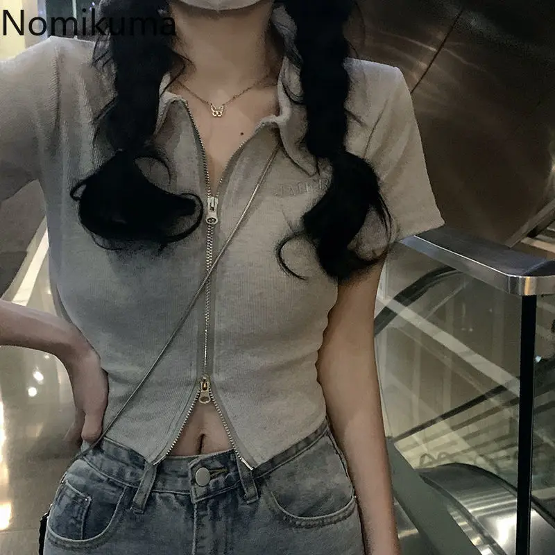 

2024 Blusas Mujer De Moda Short Sleeve Solid Color Zipper Shirts Korean Fashion Tunic Blouses Casual Summer Blouse Crop Tops
