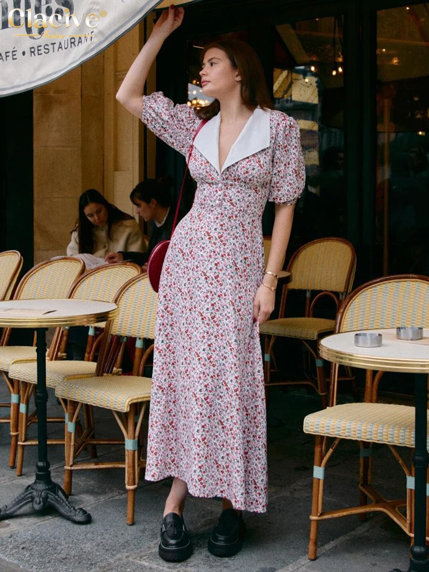 

Clacive Summer Slim Print Women Dress 2024 Fashion Lapel Short Sleeve Ankle Length Dresses Vintage Classic Dress Female Clothes