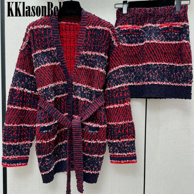 

11,23 KKlasonBell Рождественская мода полосатый с поясом вязаный кардиган свитер или мини-юбка Женский комплект