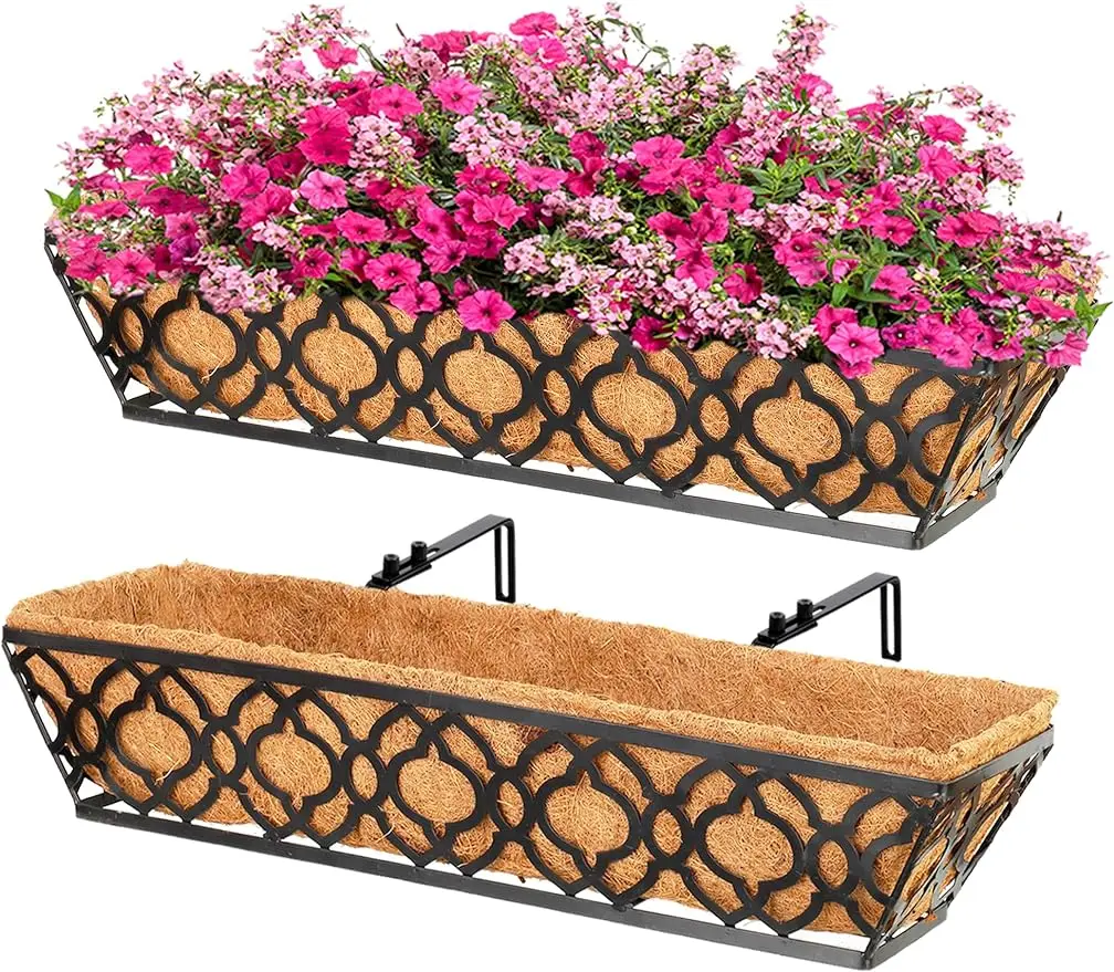 

LAWYAMAI 2pcs 24 Inch Window Deck with Coco Liner, 24" Window Boxes Horse Trough with Coconut Coir Liner,Metal Hanging