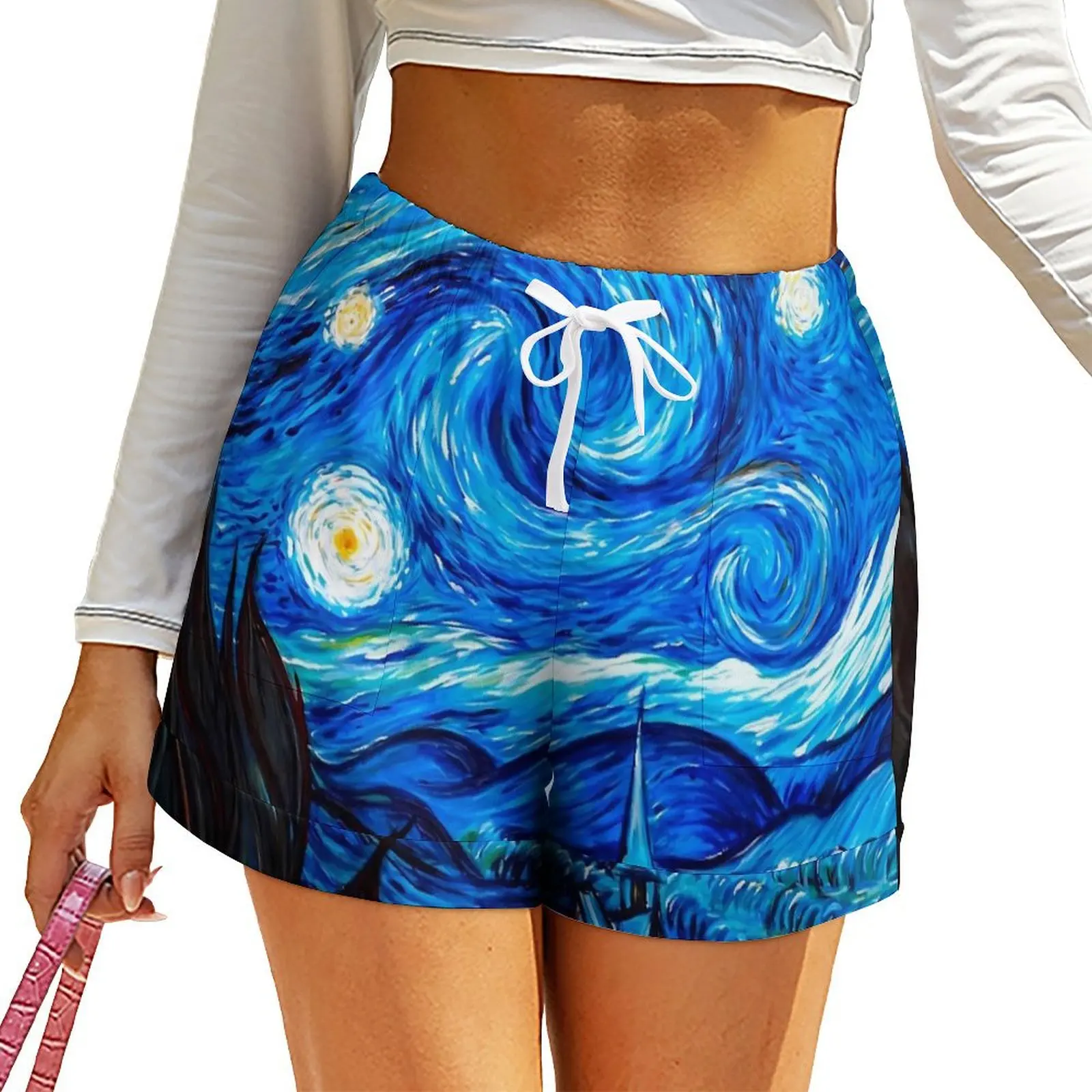

Classic Starry Night Shorts Women Vincent Van Gogh Street Style Printed Shorts Elastic Waist Oversized Short Pants Beach Bottoms
