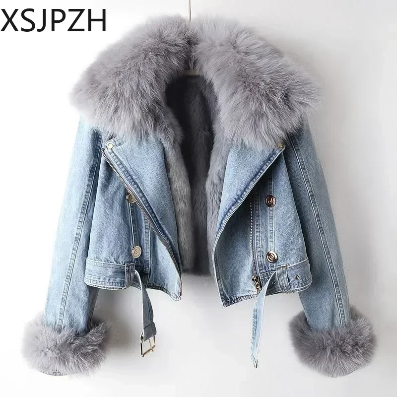 

Thick Overcoat 2023 New Women Faux Fox Fur Collar Jean Coat Winter Jacket Female Short Warm Parkas Rabbit Hair Lining Outwear