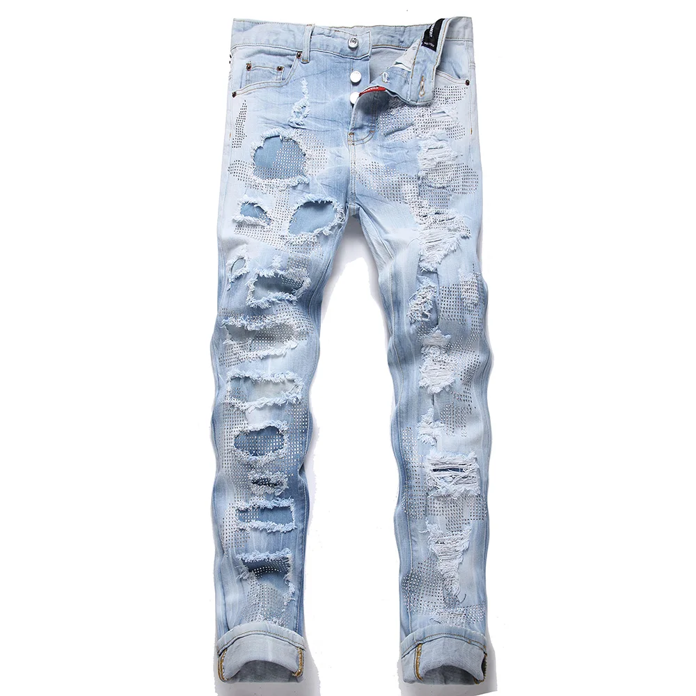 

Men Crystal Patches Ripped Jeans Distressed Light Blue Stretch Denim Pants Button Fly Slim Tapered Trousers