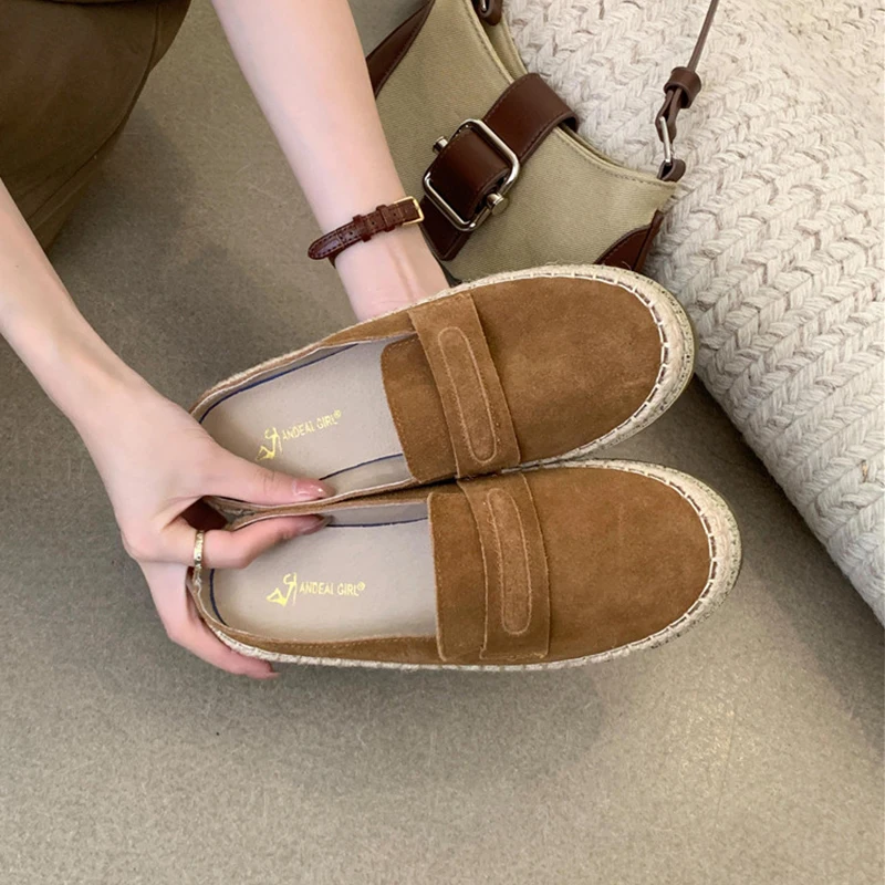 

Genuine Leather Shoes For Women Flat Shoes Spring Autumn Simple Casual Small Incense Fisherman Shoes Wild Straw Hemp Rope Canvas
