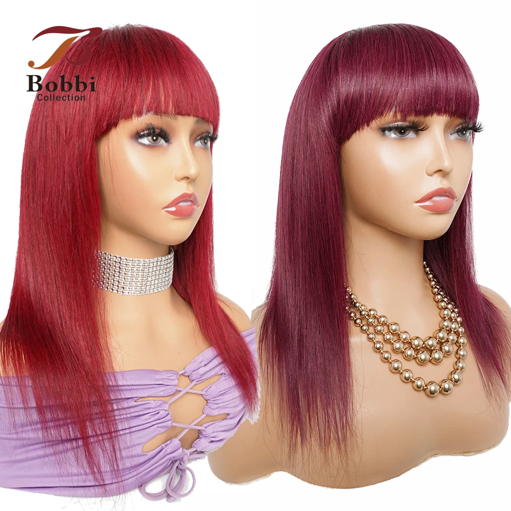 

#99J Burgundy Dark Wine Color Glueless Remy Human Hair Wigs Full Wig with Bang Straight Machine Made with Fringe Bobbi