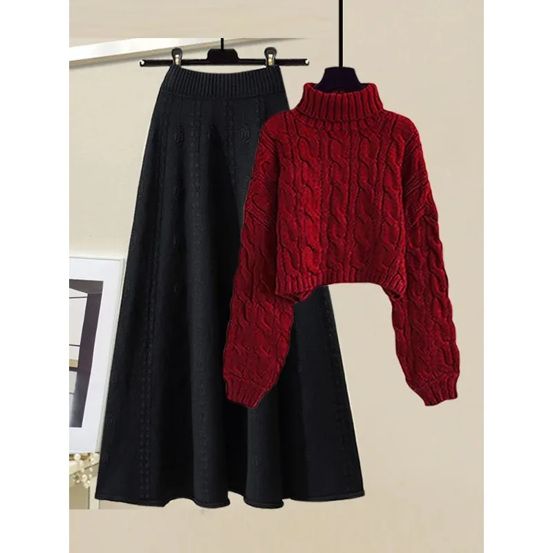 

Winter Warm Knitwear Two Piece Sets for Women Outfits Ladies Elegant Turtleneck Twist Knitted Sweater and Knit Skirt Sets N414