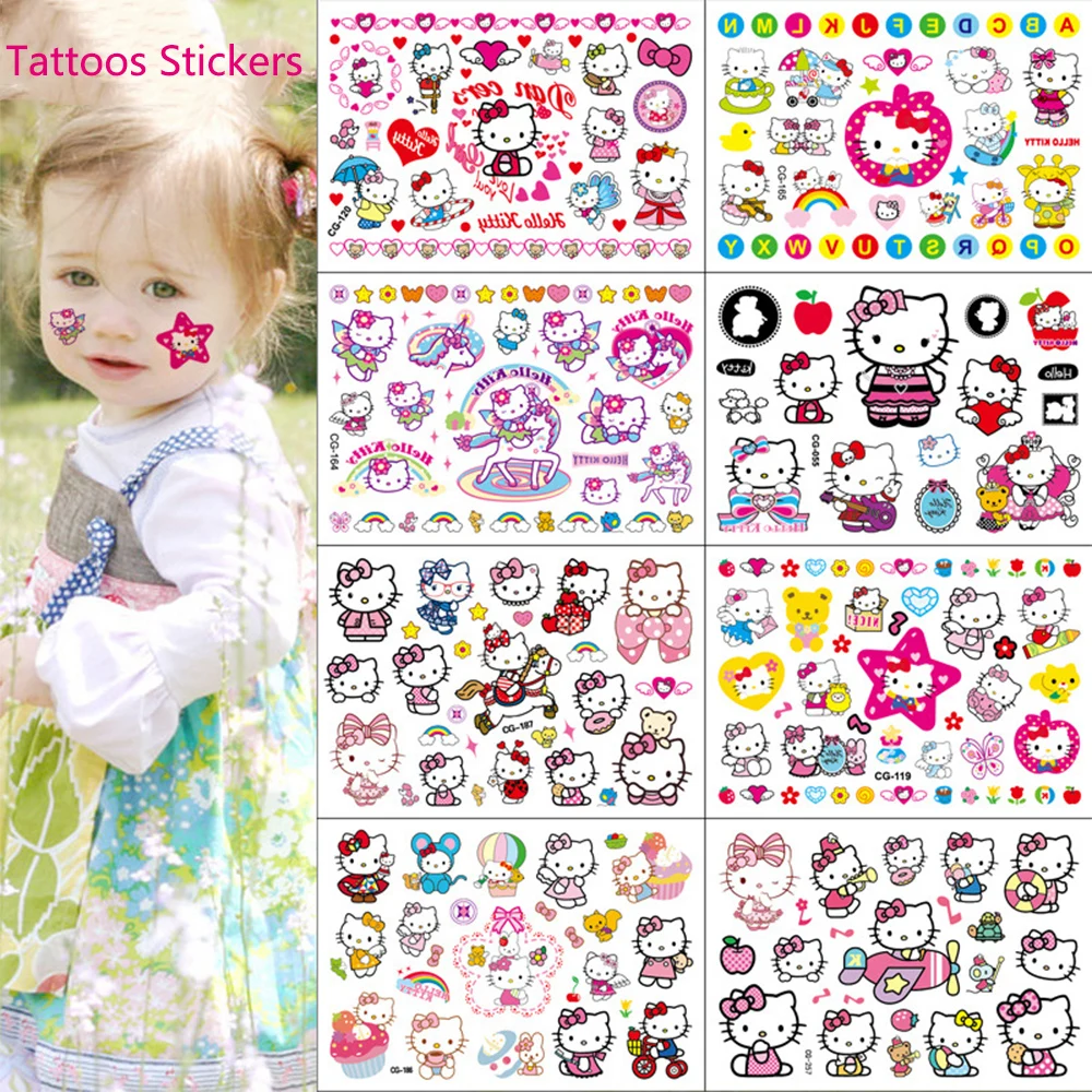 

Милые водонепроницаемые Временные татуировки Hello Kitty, наклейки для детей, игрушки, кавайные Мультяшные руки, лицо, боди-арт, искусственные татуировки, аниме наклейки