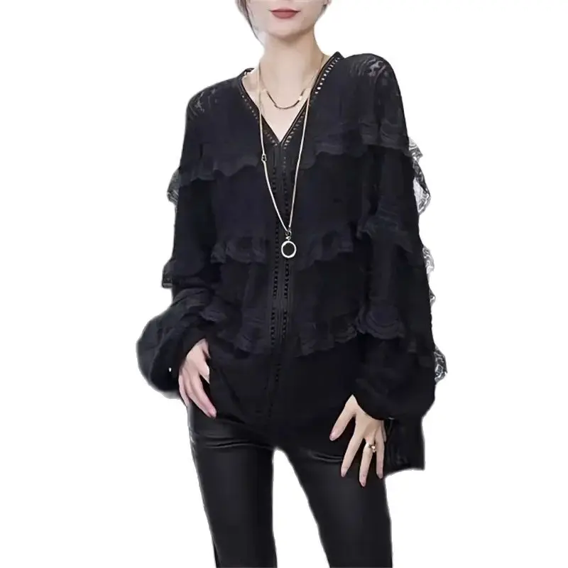 

Spring Autumn Mid-Long Lace Base Shirt Women 2024New Fashion Loose Leisure Tops V-Neck Falbala Primer Shirt Pullover 4XL Female