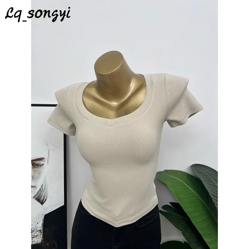 

Lq_songyi V Neck T Shirts Sexy Slim Fit Tops Women High Strecth Tight Top 2024 New Summer Short Sleeve Solid Basic T Shirt