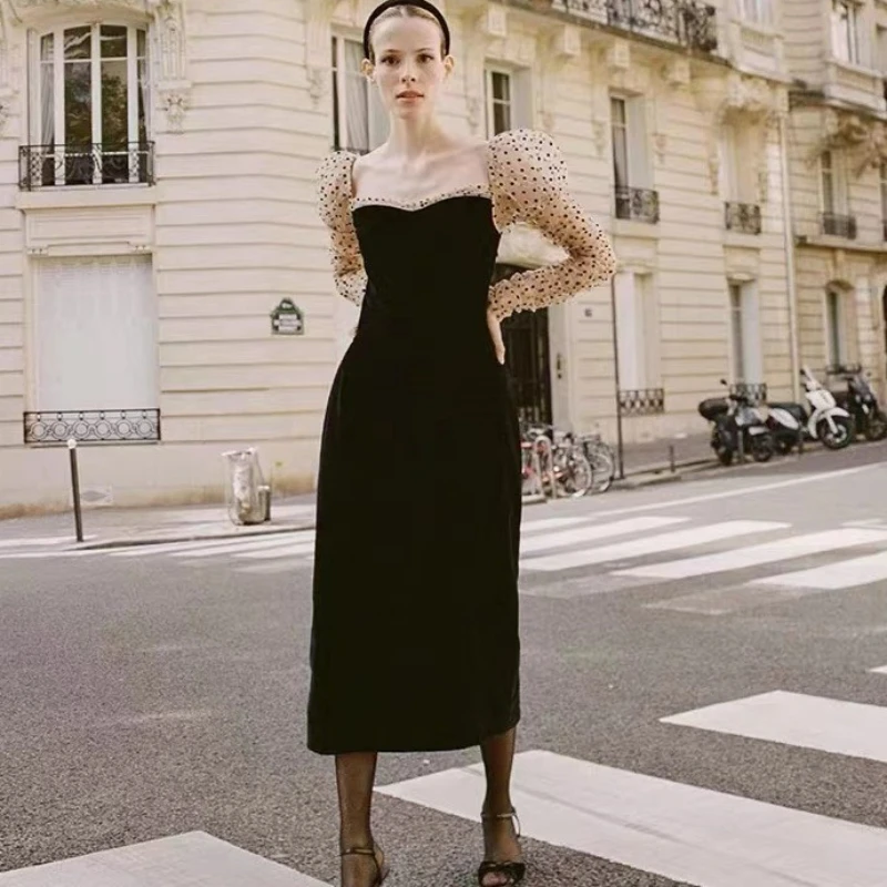 

2024 Spring and Summer New Style Polka Dot Printed Puff Sleeve Velvet Splicing Slim Dress for Women