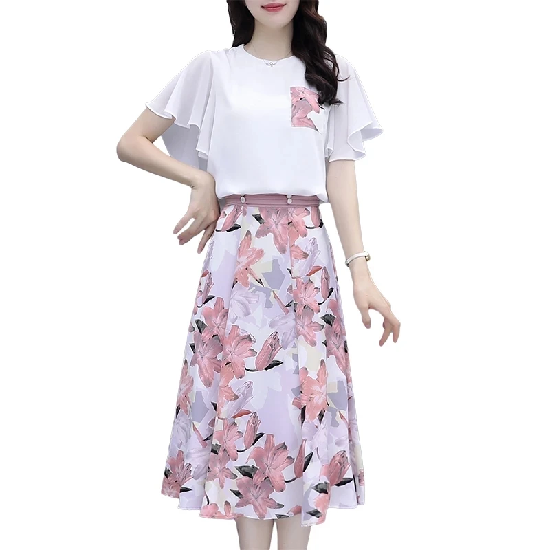 

Женский костюм из двух предметов, элегантная Цветочная юбка А-силуэта с высокой талией, летняя футболка с коротким рукавом, женское Модное шифоновое платье 2023