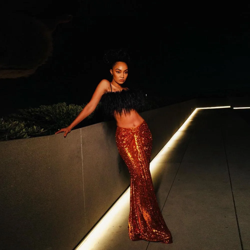 2 Pieces Sets Party Dresses For African Women Shiny Sequins Long Mermaid Evening Skirts Spaghetti Strap Feather Tops Custom Made 
2 Pieces Sets Party Dresses For African Women Shiny Sequins Long Mermaid Evening Skirts Spaghetti Strap Feather Tops Custom Made
