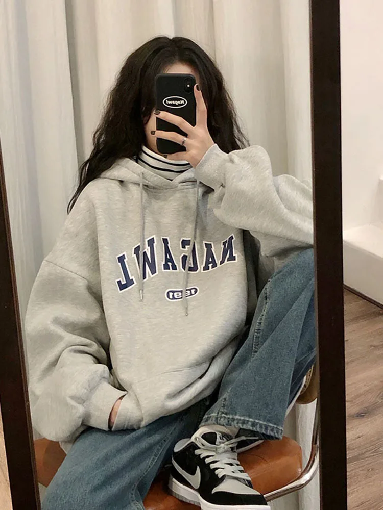 

Autumn and Winter Loose Korean Version BF Languid Style Gray Sweatshirt Women's Hong Kong Style with Velvet and Thickened Tide