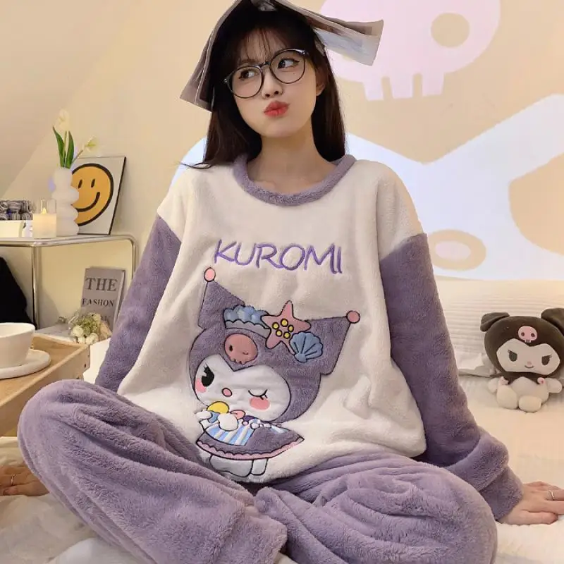 

Kuromi Lady's Pajama Sanrio Cinnamoroll Thick Warm Flannel Crewneck 2-Piece Set with Sweet Print Casual Winter Loungie Wear