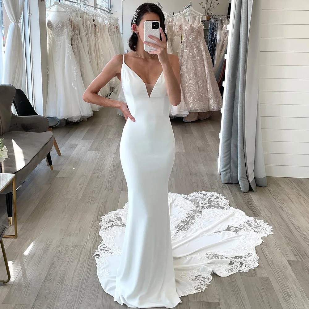 

Mermaid Wedding Party Gowns 2022 V-Neck Ivory Long Wedding Dresses For Women Lace Applique Sweep Train Simple vestido de novia