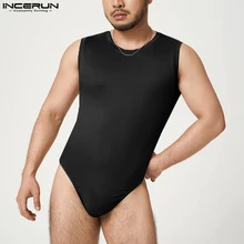 Men Bodysuits Solid Color O-neck Sleeveless Fitness Summer Fashion Men Rompers Pajamas 2023 Sexy Vests Bodysuit S-5XL INCERUN