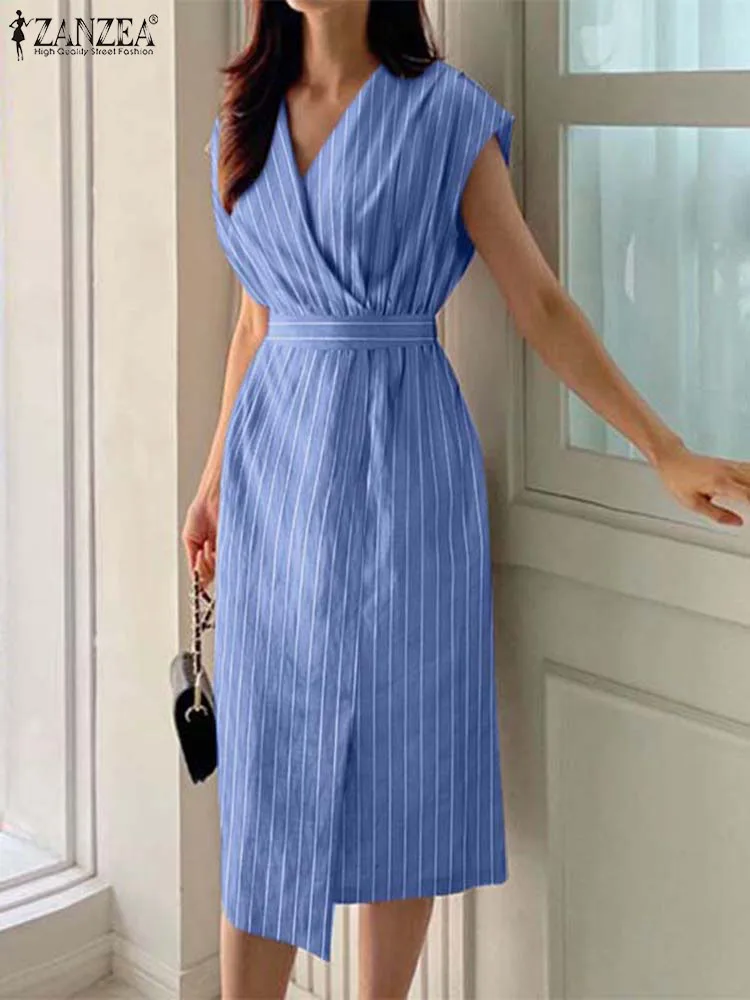 

Платье ZANZEA женское с V-образным вырезом и коротким рукавом, модный офисный элегантный сарафан в полоску, элегантный миди-халат с разрезом на подоле, на лето