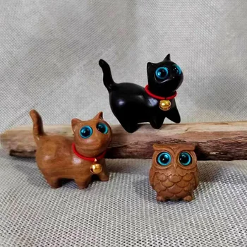 손으로 새겨진 나무 고양이, 귀여운 큰 눈, 호기심 고양이, 귀여운 탁상용 작은 장식품, 조각 공예, 작은 선물, DIY 펜던트 액세서리 상품 이미지