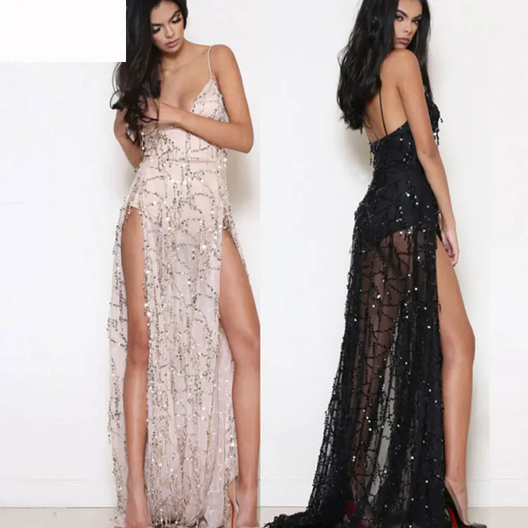 

New sequined V-neck sexy backless floor-length gown with long suspender slit dress