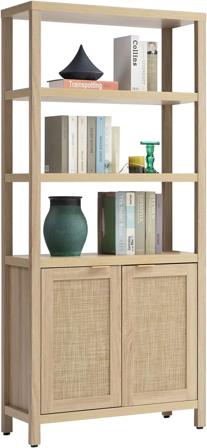 

SICOTAS Bookshelf 5 Tier Book Shelf Rattan Boho Tall Bookcase with Doors Storage Wood Shelves Large Bookshelves Farmhouse