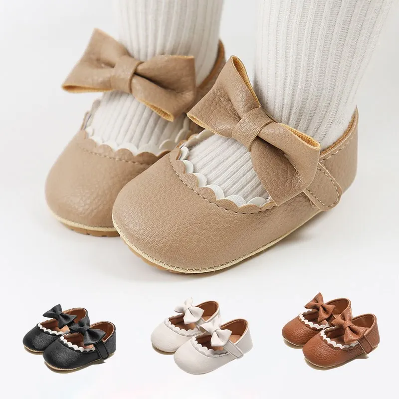 

Newborn Baby Shoes For Girls Bowknot Non-slip Rubber Soft-Sole Spring Autumn Infant Moccasins Toddler Leather PU First Walkers