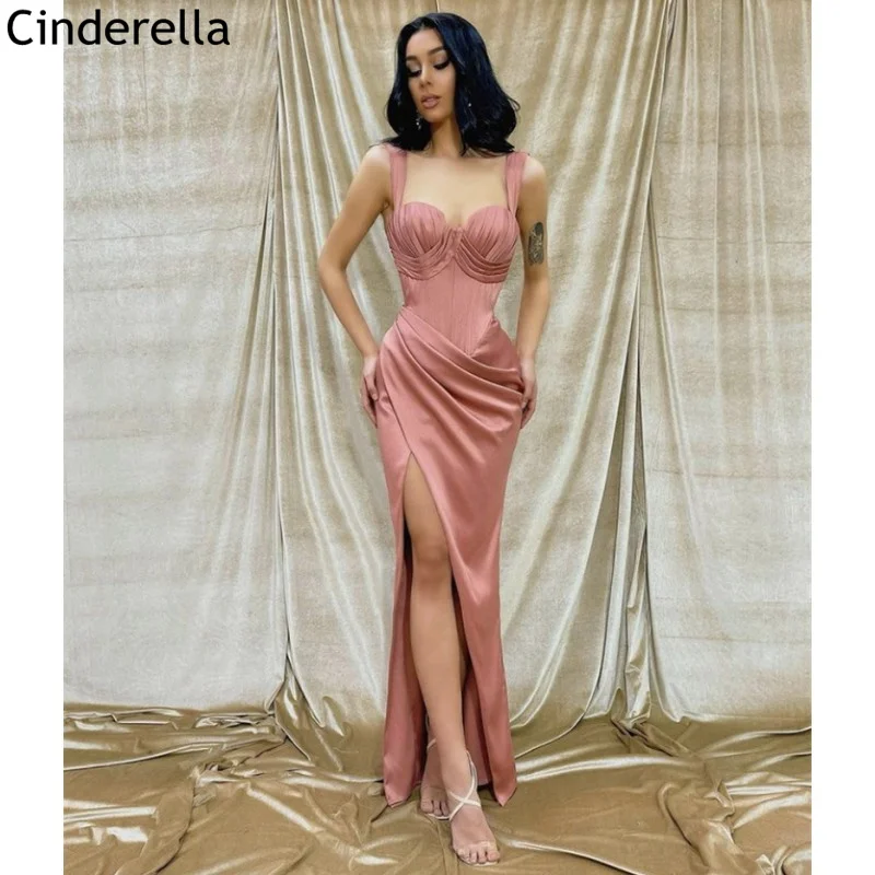 

Prom Dresses Pink Sweetheart Straps Side Slit Mermaid Floor Length Silk Satin With Lace Up Back vestidos de fiesta de noche