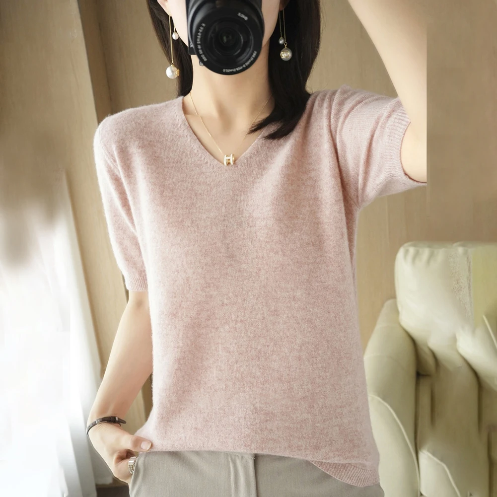 Fashion Knitted Short Sleeve Sweater Autumn Faux Cashmere Solid Color V Neck Soft Pullover Bottoming Sweaters Clothing Women
Fashion Knitted Short Sleeve Sweater Autumn Faux Cashmere Solid Color V Neck Soft Pullover Bottoming Sweaters Clothing Women
