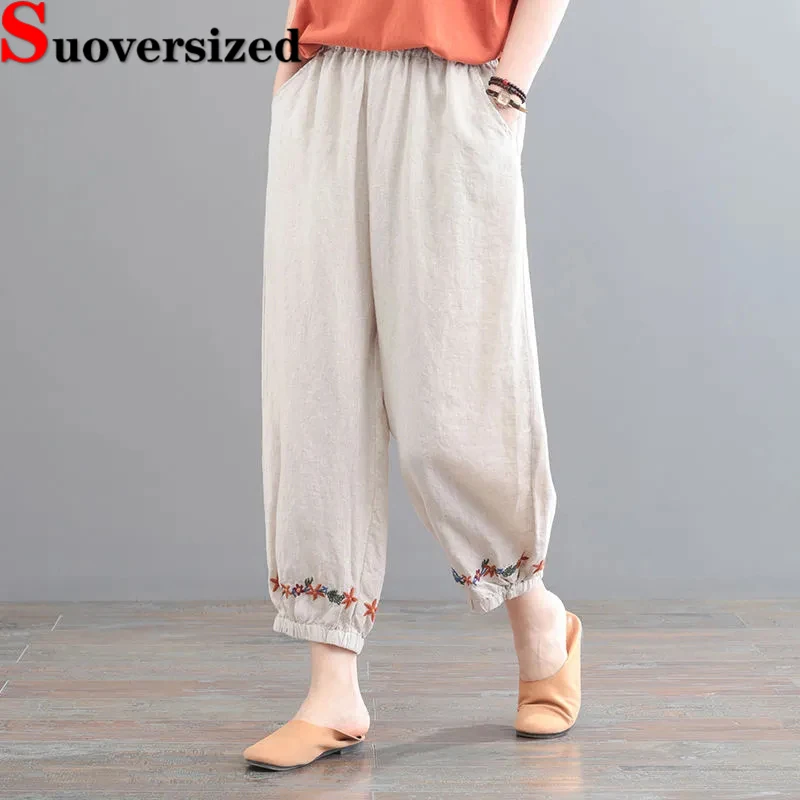 

Vintage Embroidery Harem Pants Summer Cotton Linen Baggy Spodnie High Waist Casual Womens Trousers Oversized 4xl Mom's Pantalone